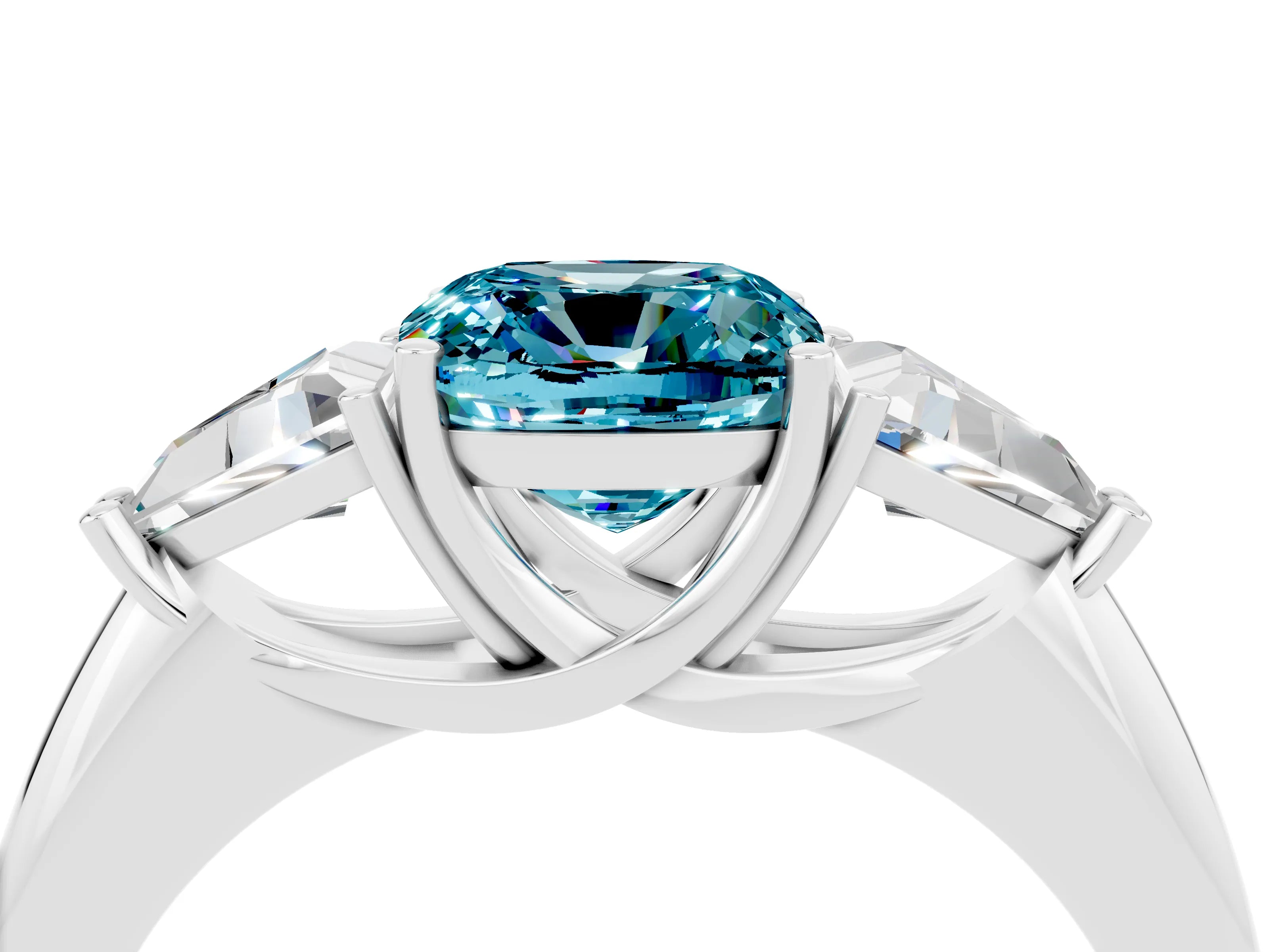 White gold Three-Stone Cushion Cut Cut Diamond Ring with Trillion Side Stones and Four-Prong Setting_4