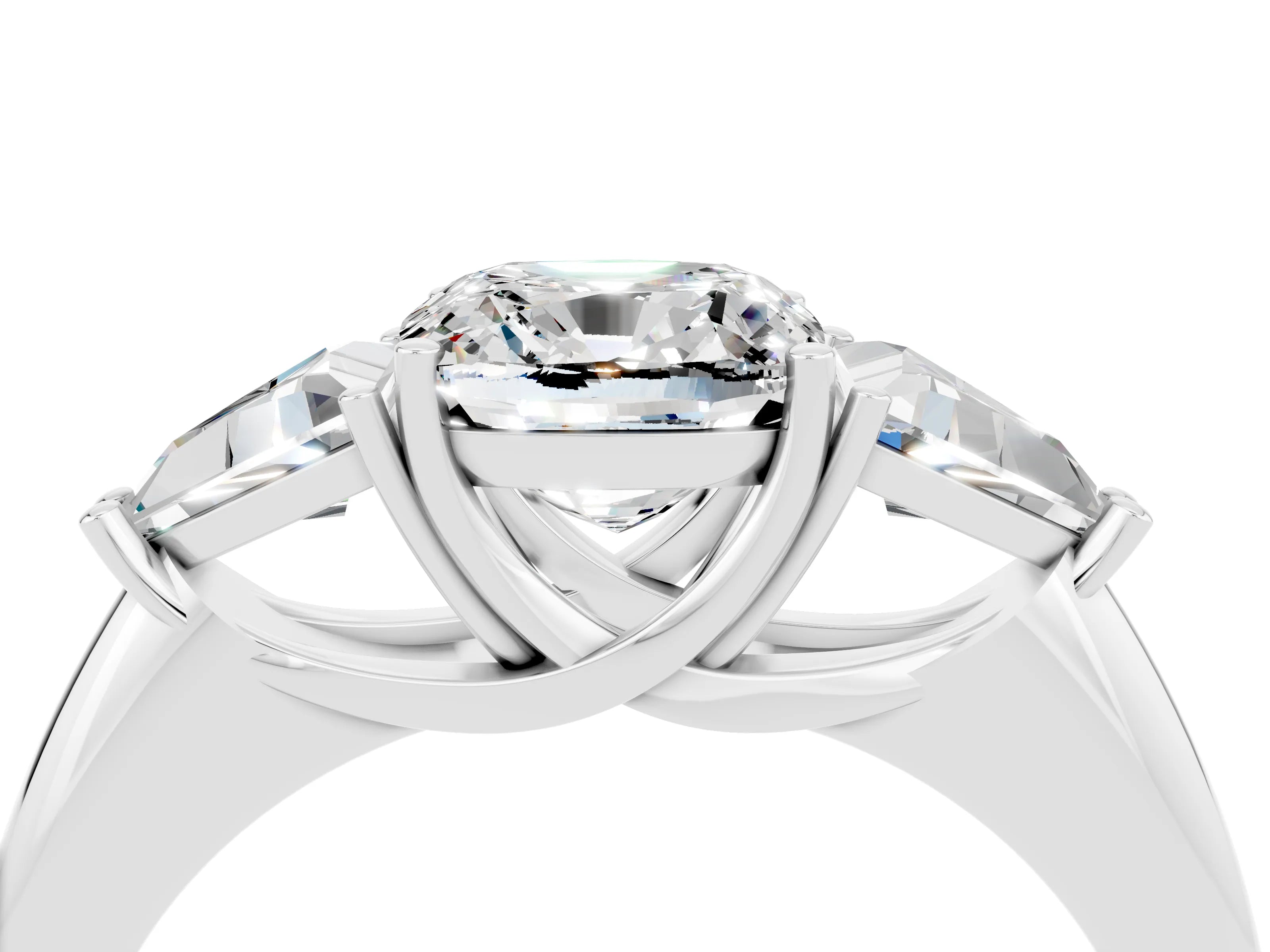 White gold Three-Stone Cushion Cut Cut Diamond Ring with Trillion Side Stones and Four-Prong Setting_4