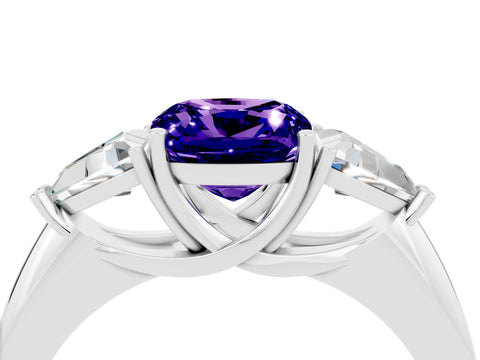 White gold Three-Stone Cushion Cut Cut Diamond Ring with Trillion Side Stones and Four-Prong Setting_4