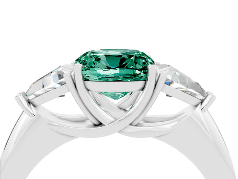 White gold Three-Stone Cushion Cut Cut Diamond Ring with Trillion Side Stones and Four-Prong Setting_4