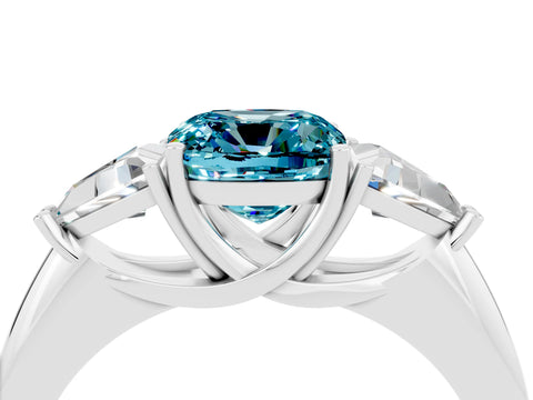 White gold Three-Stone Cushion Cut Cut Diamond Ring with Trillion Side Stones and Four-Prong Setting_4