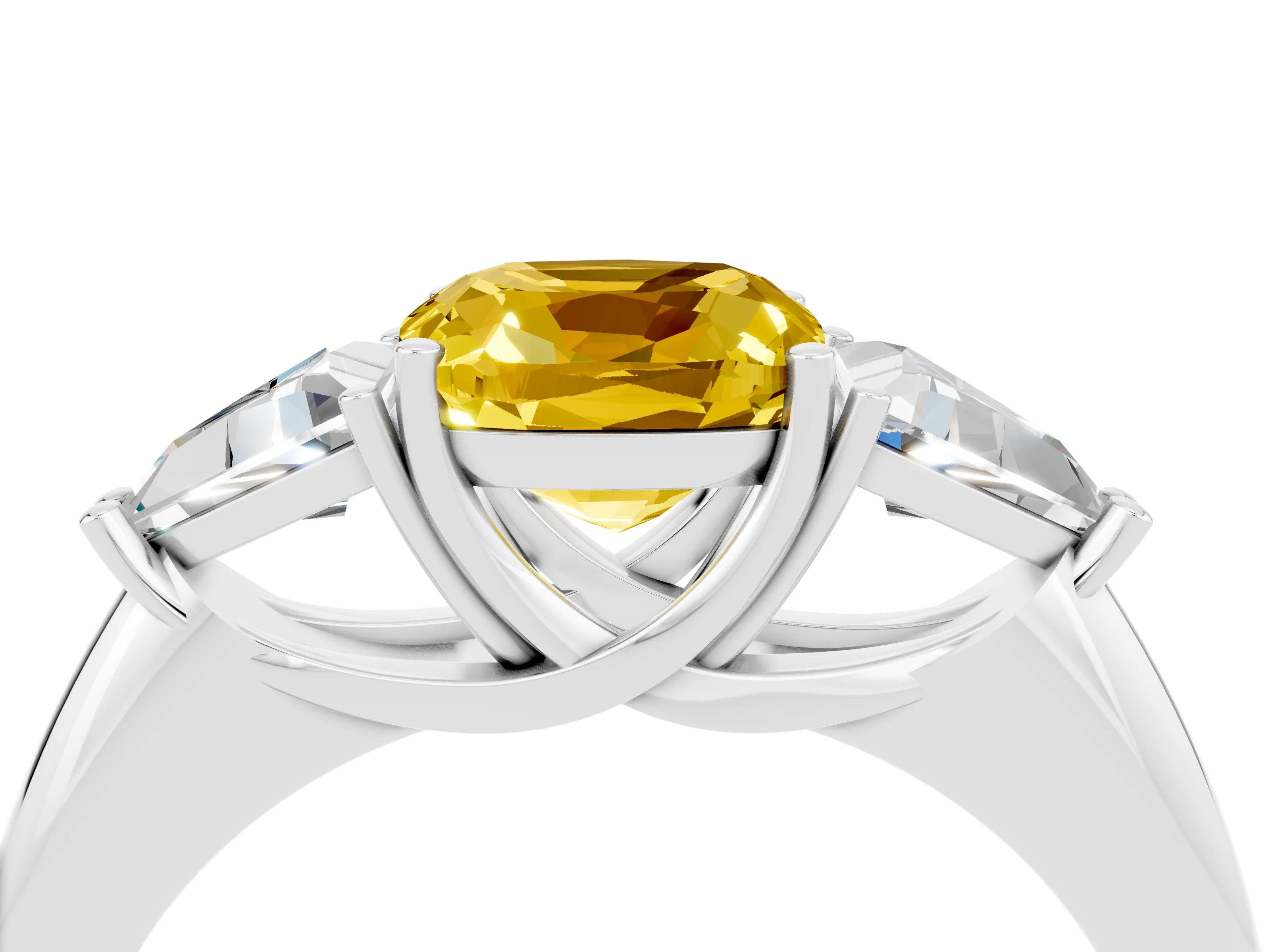 White gold Three-Stone Cushion Cut Cut Diamond Ring with Trillion Side Stones and Four-Prong Setting_4