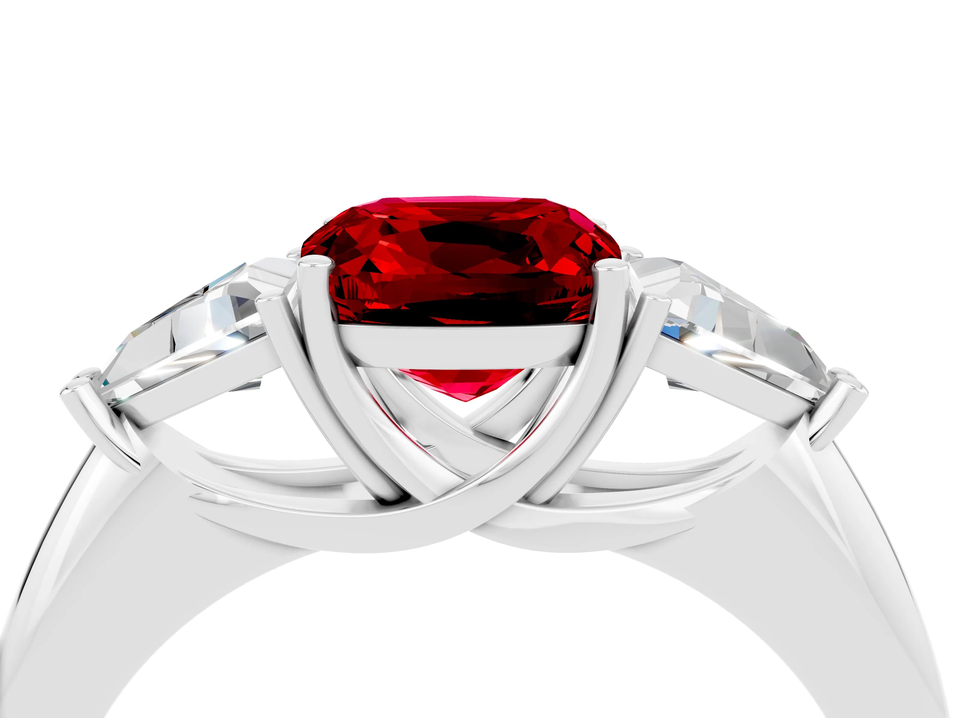 White gold Three-Stone Cushion Cut Cut Diamond Ring with Trillion Side Stones and Four-Prong Setting_4