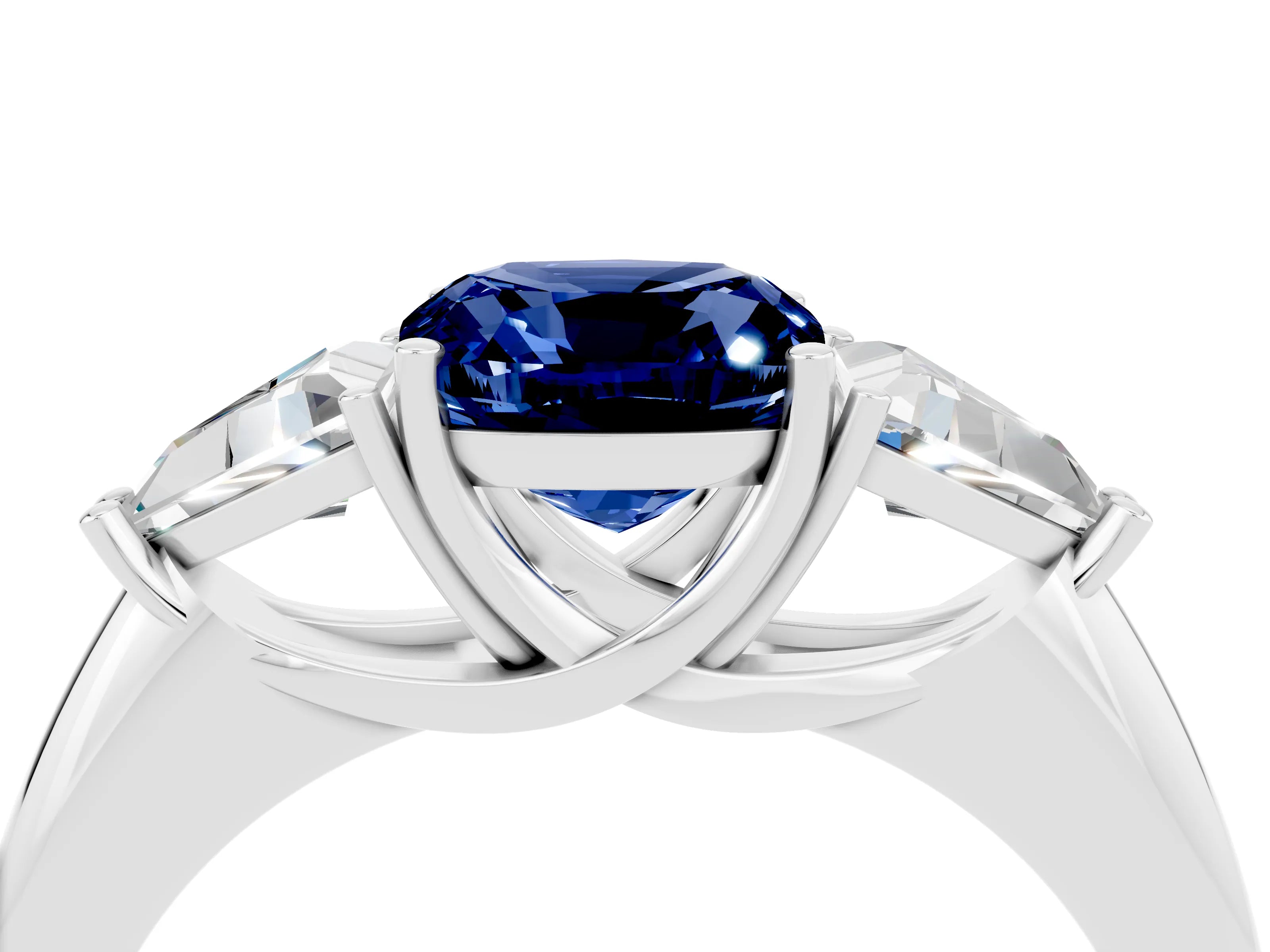 White gold Three-Stone Cushion Cut Cut Diamond Ring with Trillion Side Stones and Four-Prong Setting_4