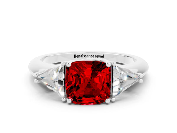 Silver Three-Stone Cushion Cut Cut Diamond Ring with Trillion Side Stones and Four-Prong Setting