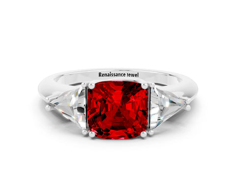 White gold Three-Stone Cushion Cut Cut Diamond Ring with Trillion Side Stones and Four-Prong Setting