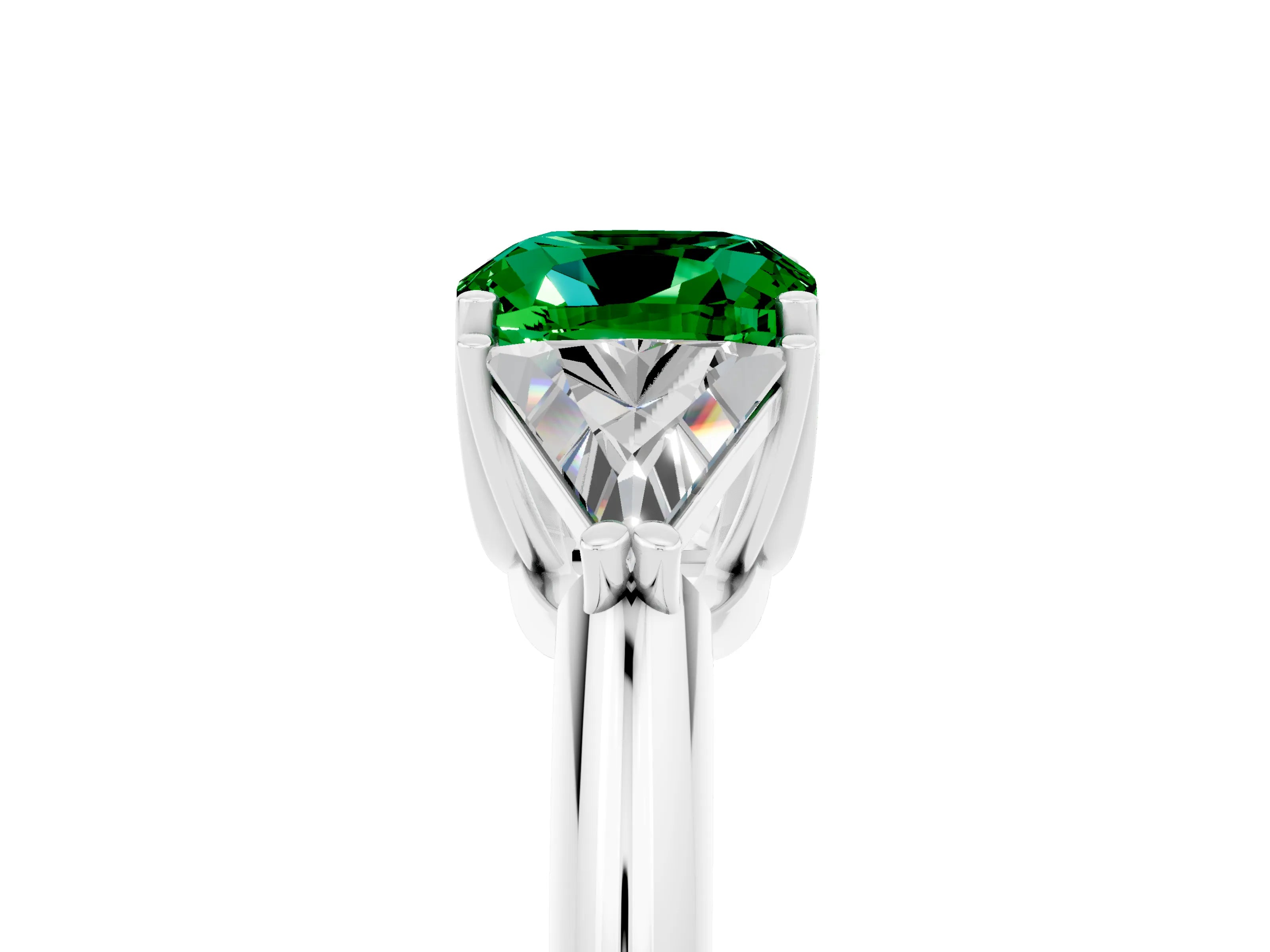 White gold Three-Stone Cushion Cut Cut Diamond Ring with Trillion Side Stones and Four-Prong Setting_5