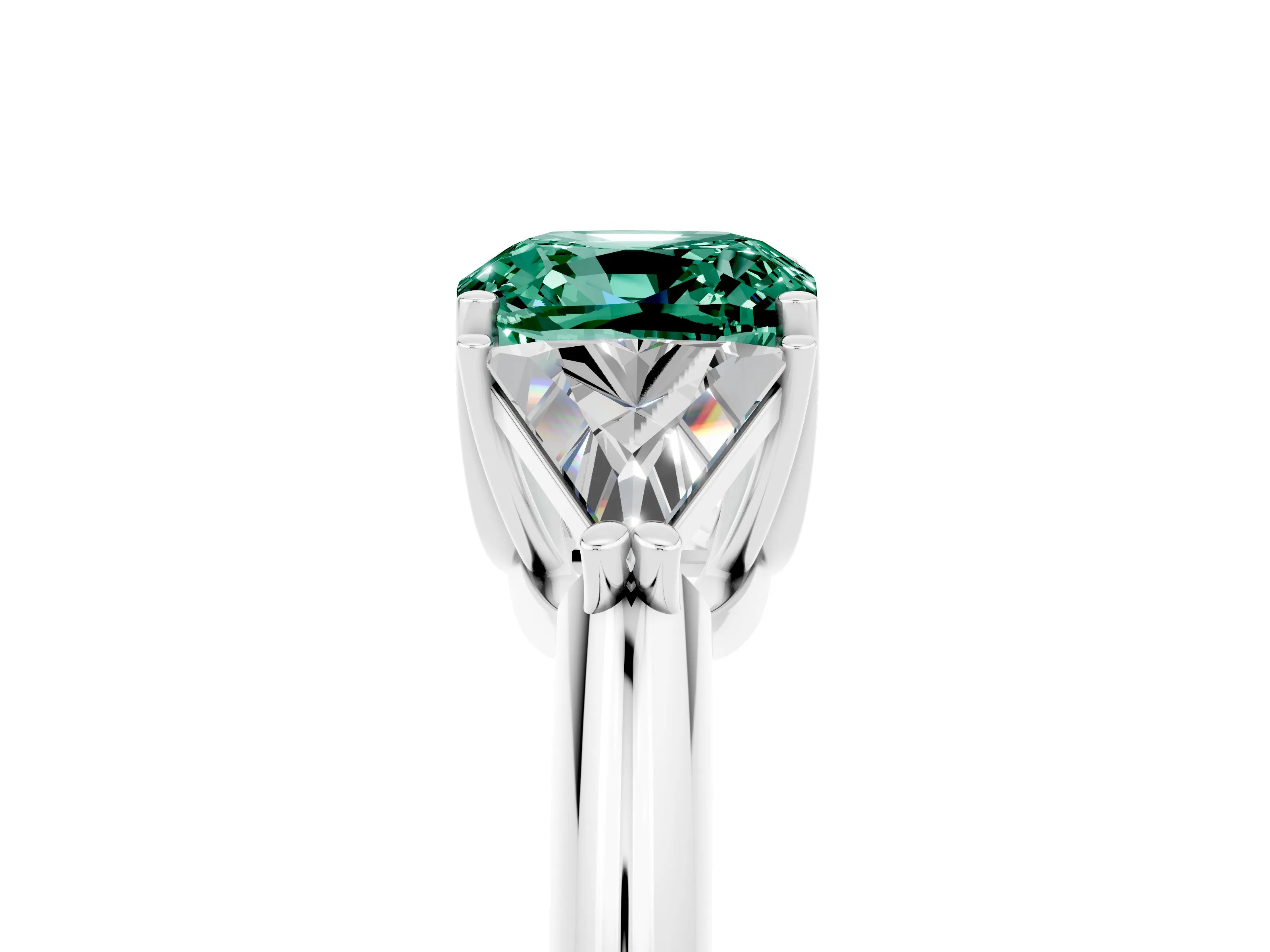 White gold Three-Stone Cushion Cut Cut Diamond Ring with Trillion Side Stones and Four-Prong Setting_5