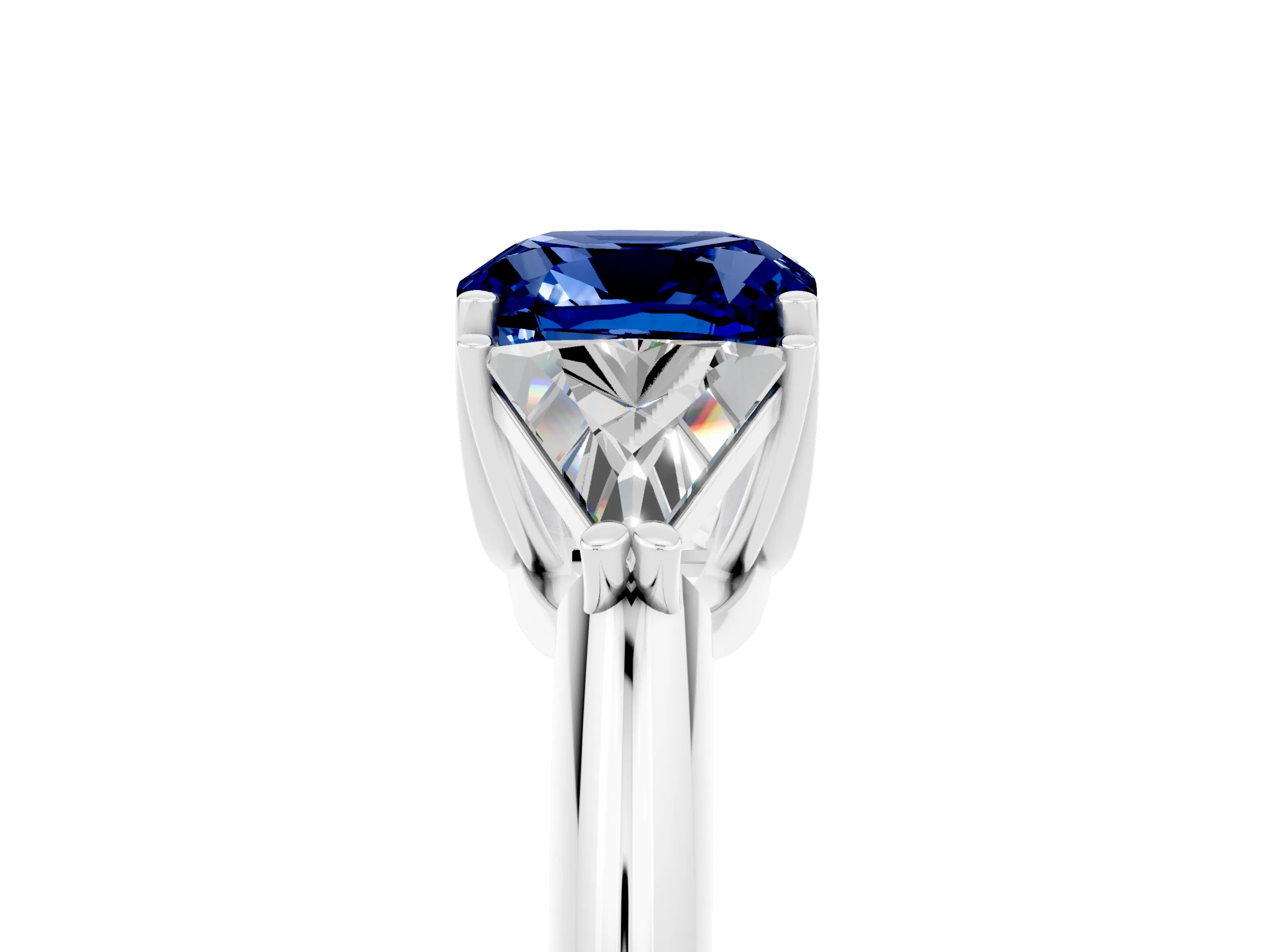 White gold Three-Stone Cushion Cut Cut Diamond Ring with Trillion Side Stones and Four-Prong Setting_5