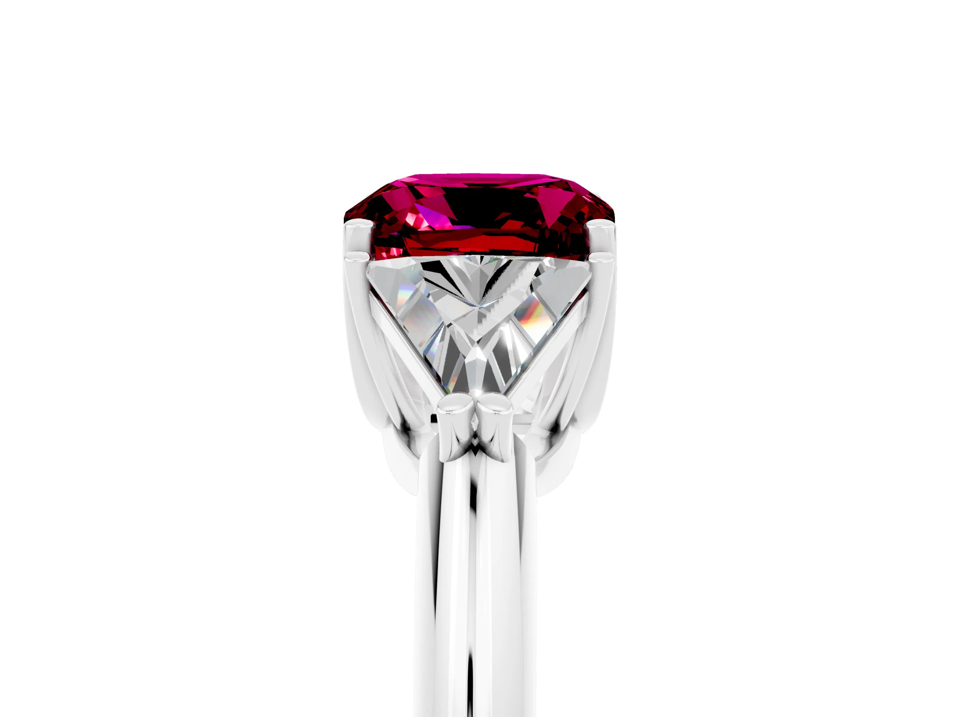 White gold Three-Stone Cushion Cut Cut Diamond Ring with Trillion Side Stones and Four-Prong Setting_5