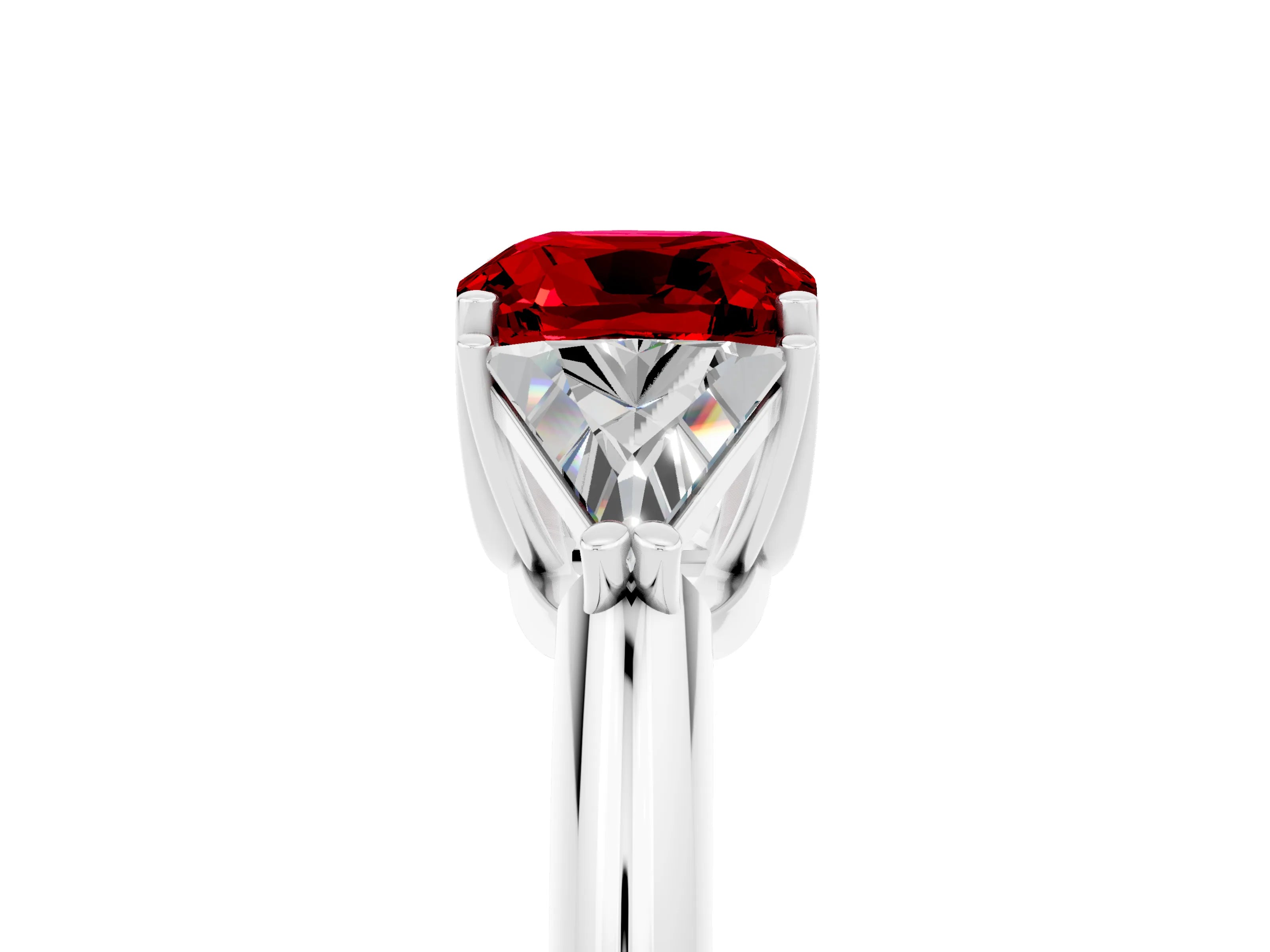 White gold Three-Stone Cushion Cut Cut Diamond Ring with Trillion Side Stones and Four-Prong Setting_5