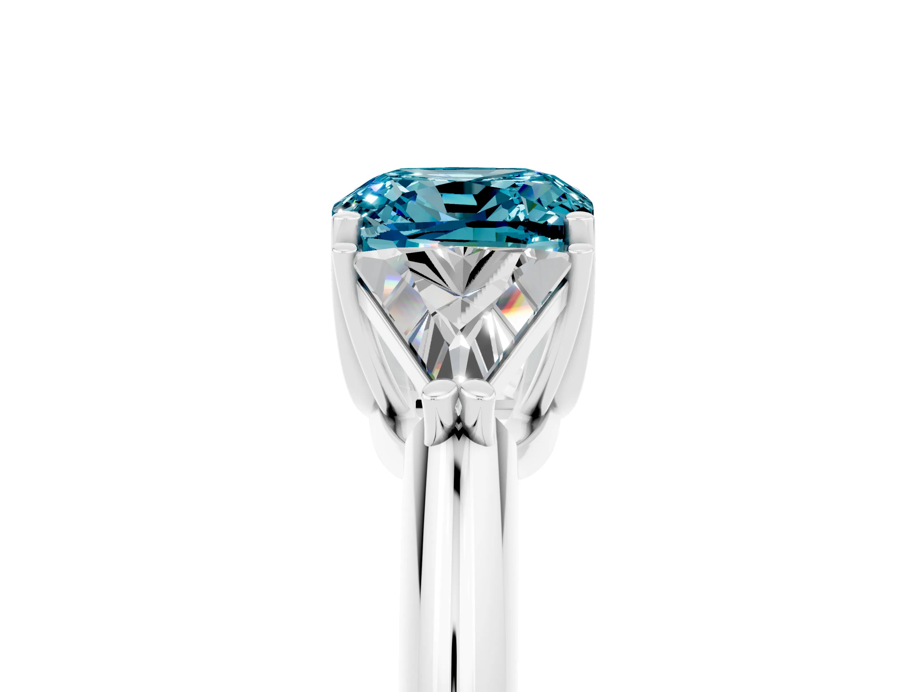 White gold Three-Stone Cushion Cut Cut Diamond Ring with Trillion Side Stones and Four-Prong Setting_5