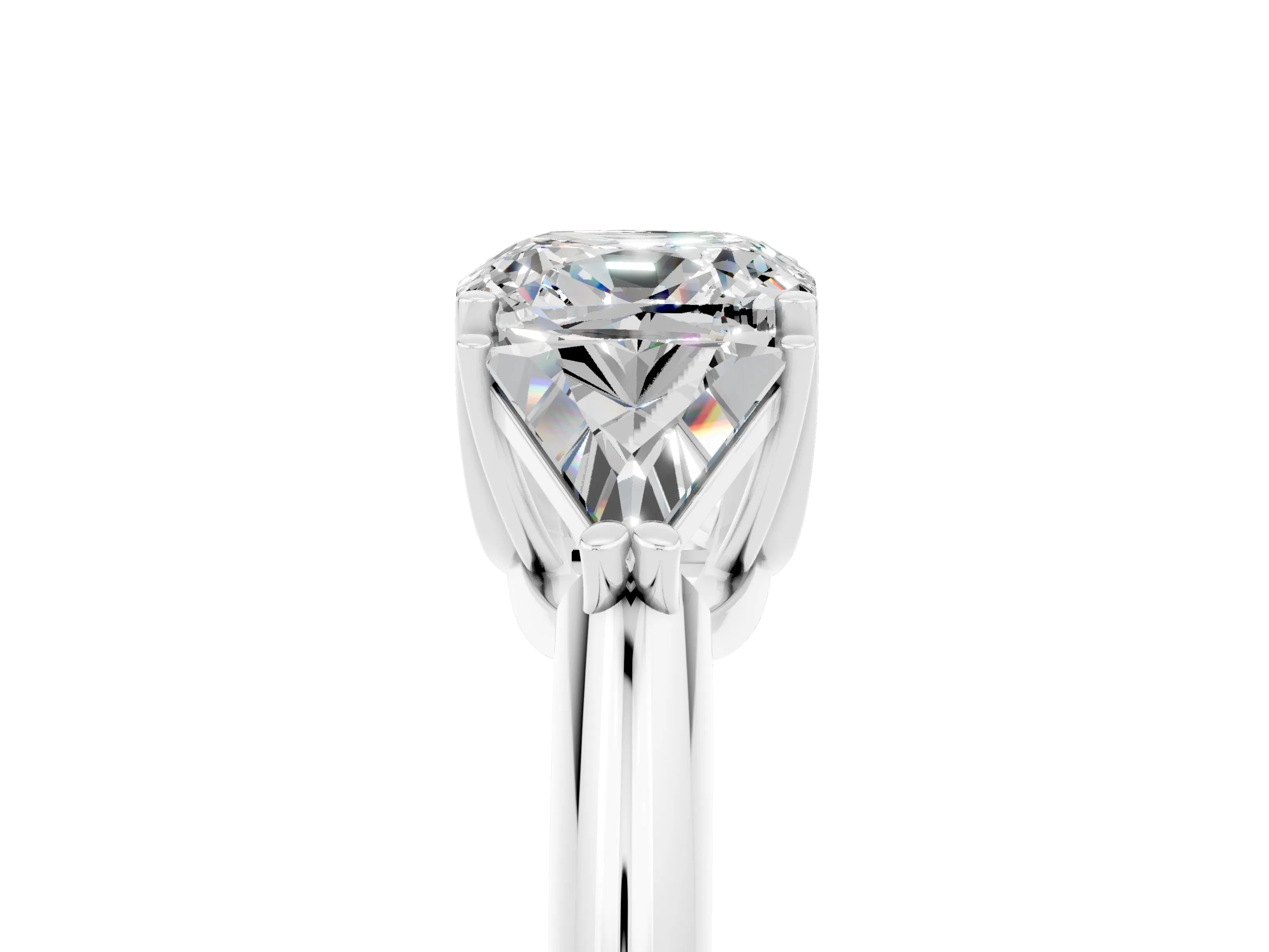 White gold Three-Stone Cushion Cut Cut Diamond Ring with Trillion Side Stones and Four-Prong Setting_5