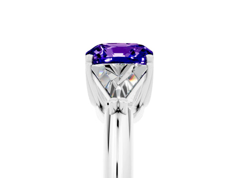 White gold Three-Stone Cushion Cut Cut Diamond Ring with Trillion Side Stones and Four-Prong Setting_5