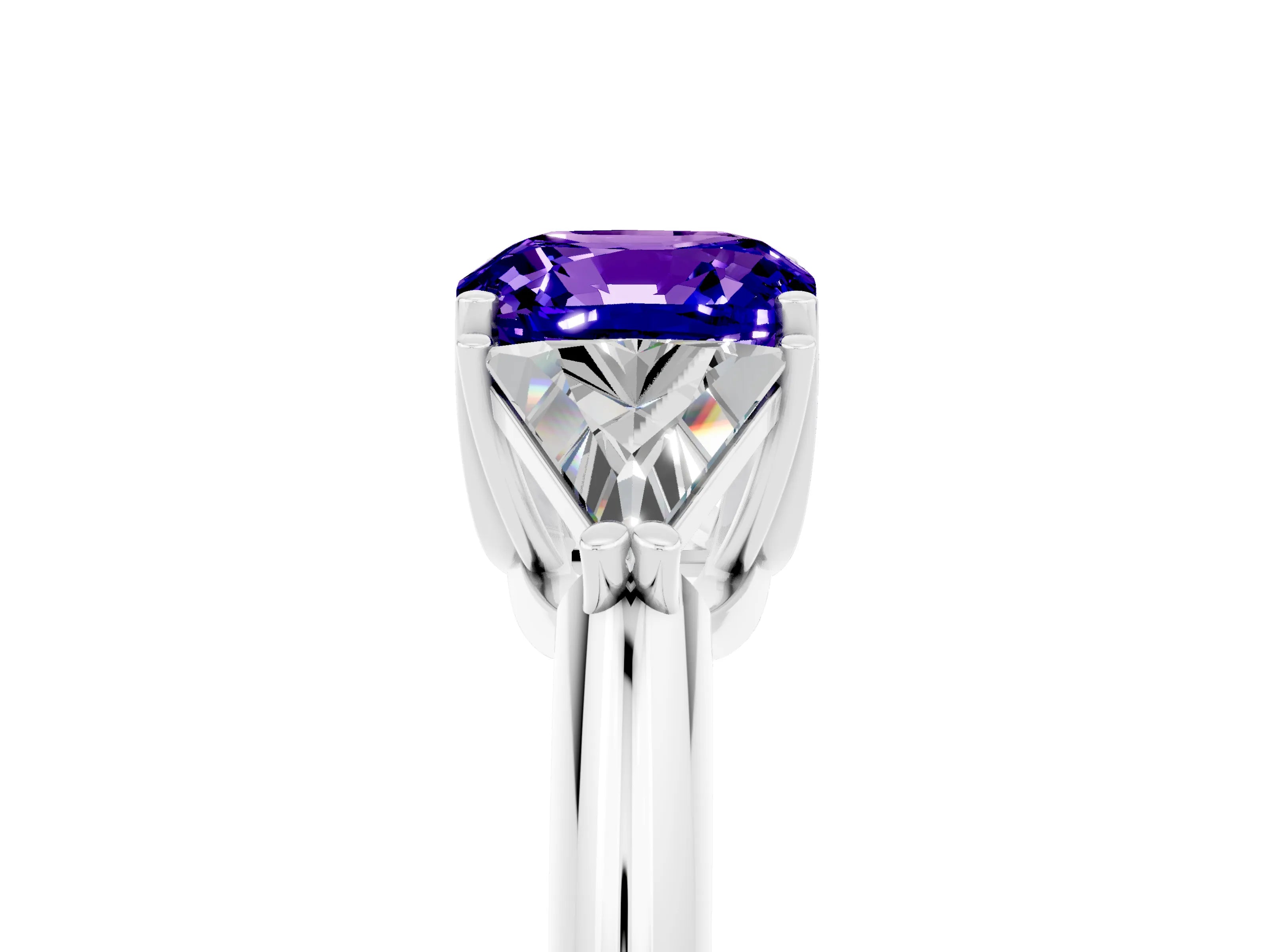 White gold Three-Stone Cushion Cut Cut Diamond Ring with Trillion Side Stones and Four-Prong Setting_5