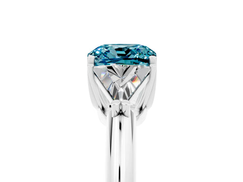 White gold Three-Stone Cushion Cut Cut Diamond Ring with Trillion Side Stones and Four-Prong Setting_5