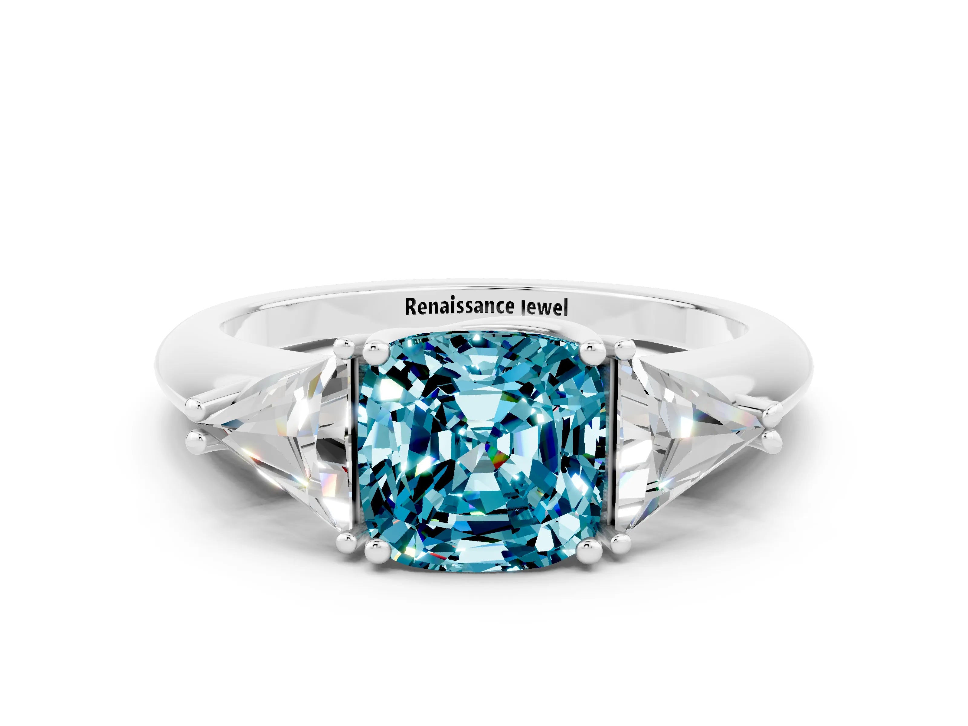 White gold Three-Stone Cushion Cut Cut Diamond Ring with Trillion Side Stones and Four-Prong Setting