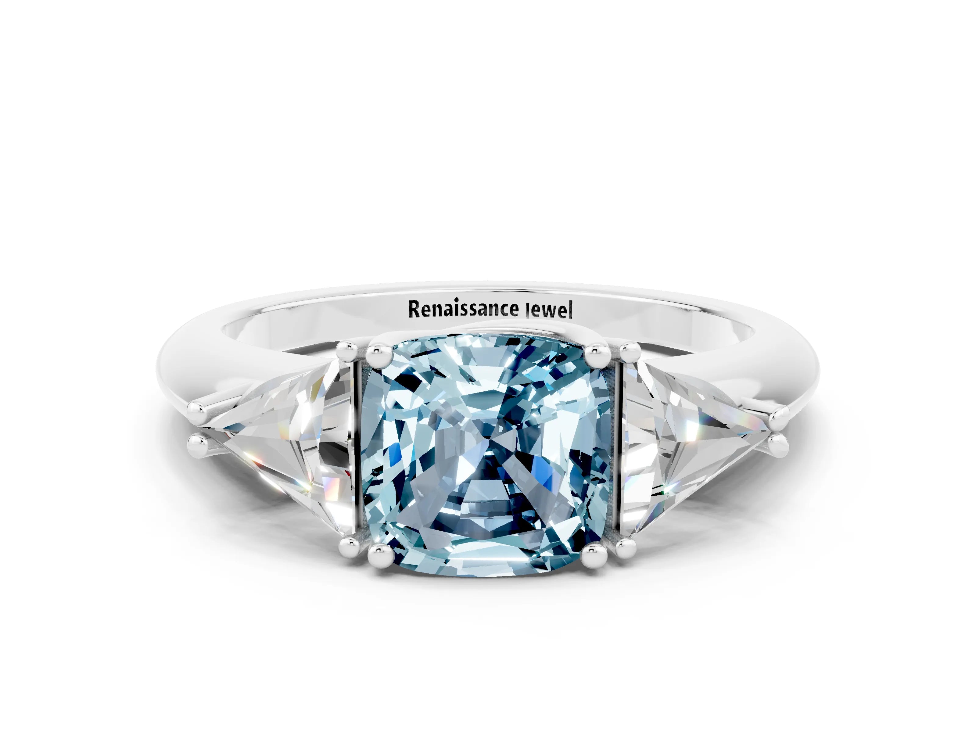 White gold Three-Stone Cushion Cut Cut Diamond Ring with Trillion Side Stones and Four-Prong Setting