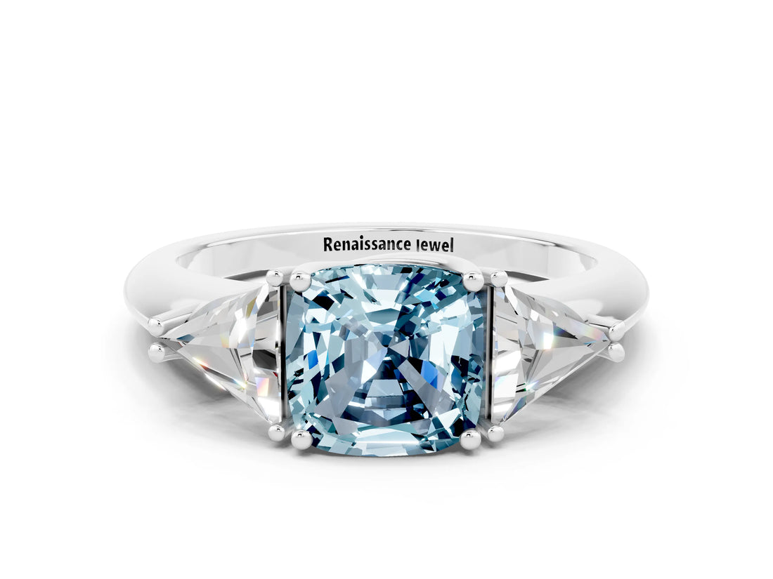 White gold Three-Stone Cushion Cut Cut Diamond Ring with Trillion Side Stones and Four-Prong Setting