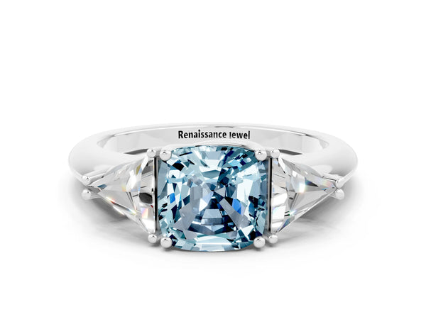 Platinum Three-Stone Cushion Cut Cut Diamond Ring with Trillion Side Stones and Four-Prong Setting