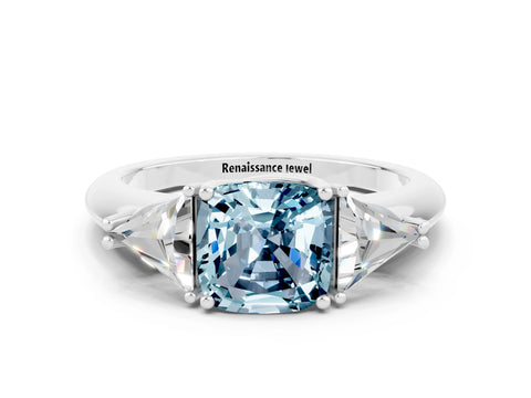White gold Three-Stone Cushion Cut Cut Diamond Ring with Trillion Side Stones and Four-Prong Setting