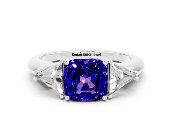 White gold Three-Stone Cushion Cut Tanzanite Engagement Ring with Trillion Side Stones and Prong Setting