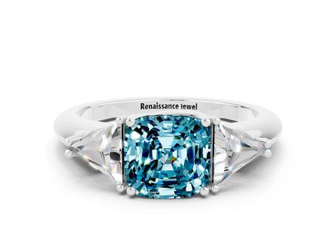 White gold Three-Stone Cushion Cut Cut Diamond Ring with Trillion Side Stones and Four-Prong Setting