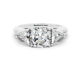 White gold Three-Stone Cushion Cut Cut Diamond Ring with Trillion Side Stones and Four-Prong Setting