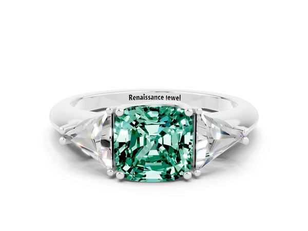 Platinum Three-Stone Cushion Cut Green Sapphire Engagement Ring with Trillion Side Stones and Prong Setting
