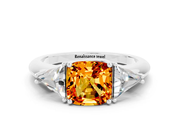 Silver Three-Stone Cushion Cut Cut Diamond Ring with Trillion Side Stones and Four-Prong Setting