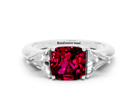 White gold Three-Stone Cushion Cut Cut Diamond Ring with Trillion Side Stones and Four-Prong Setting