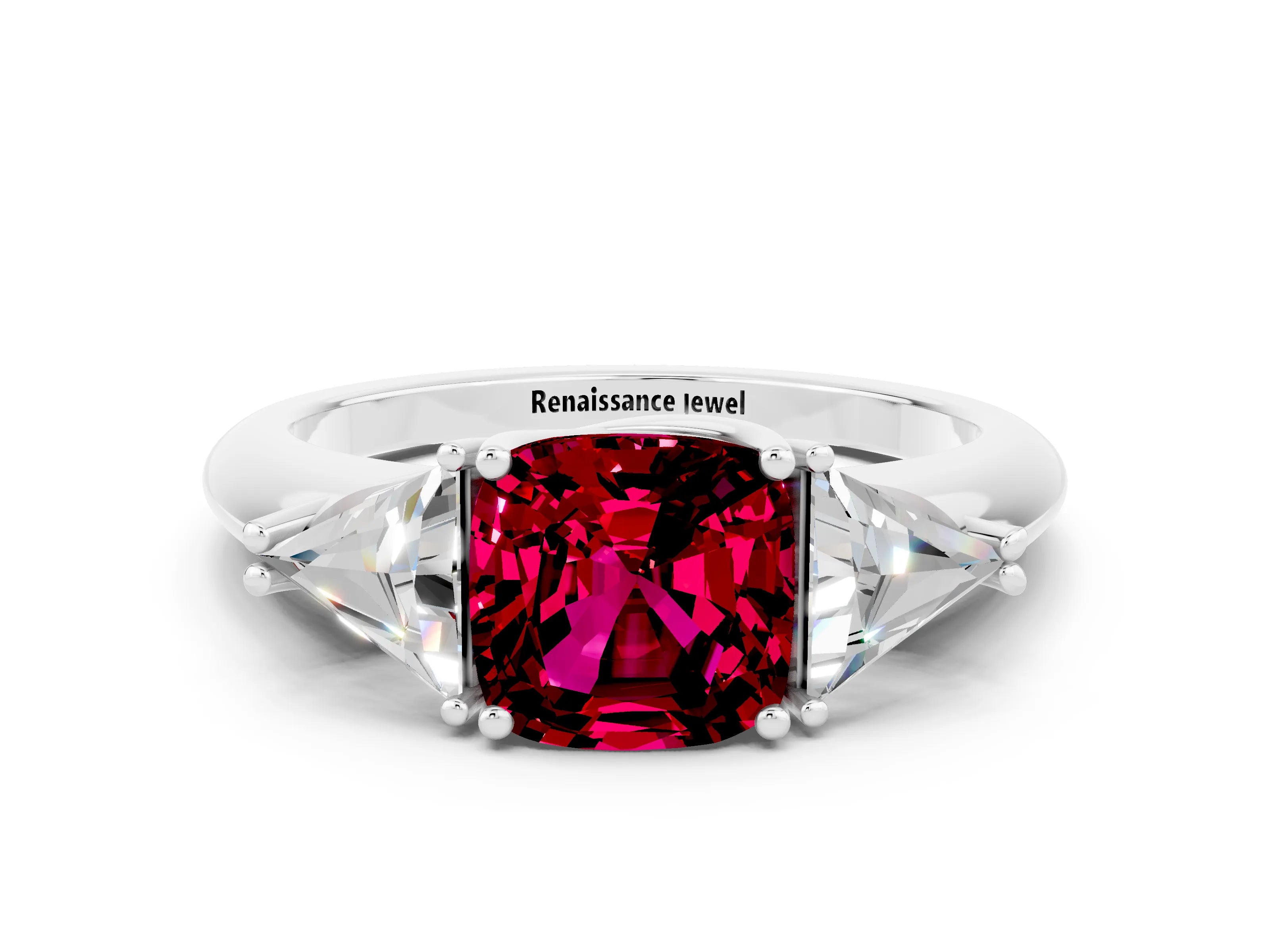 White gold Three-Stone Cushion Cut Cut Diamond Ring with Trillion Side Stones and Four-Prong Setting