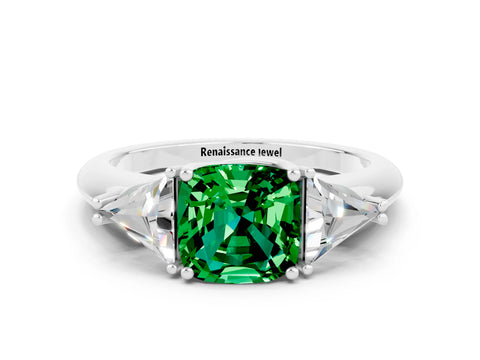 White gold Three-Stone Cushion Cut Cut Diamond Ring with Trillion Side Stones and Four-Prong Setting
