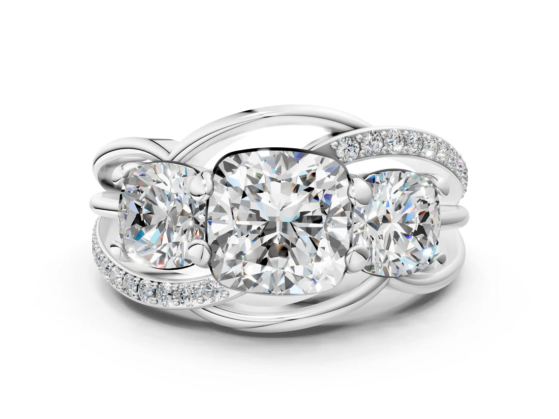White gold Three-Stone Cushion Cut Cut Diamond Split Shank Prong Set Ring_7