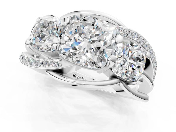 White Gold Cushion Cut Three Stone Engagement Ring Setting with Matching Sides and Pave Split Shank