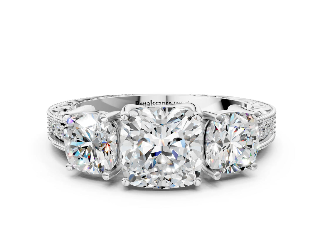 White gold Three-Stone Cushion Cut Cut Milgrain Pavé Engagement Ring_7
