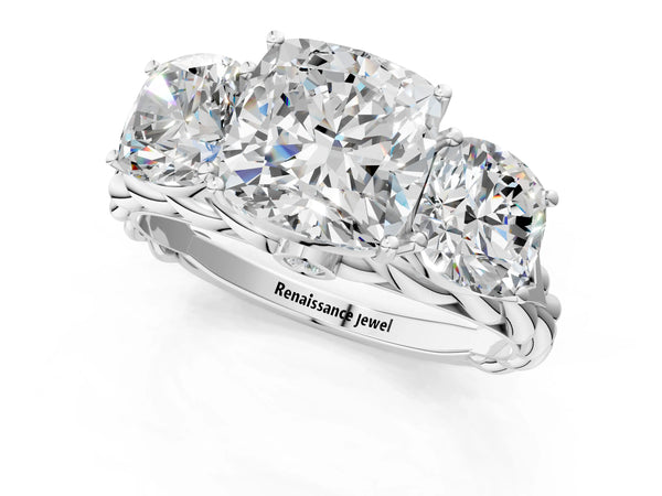 White Gold Cushion Cut Three Stone Engagement Ring Setting with Braided Band
