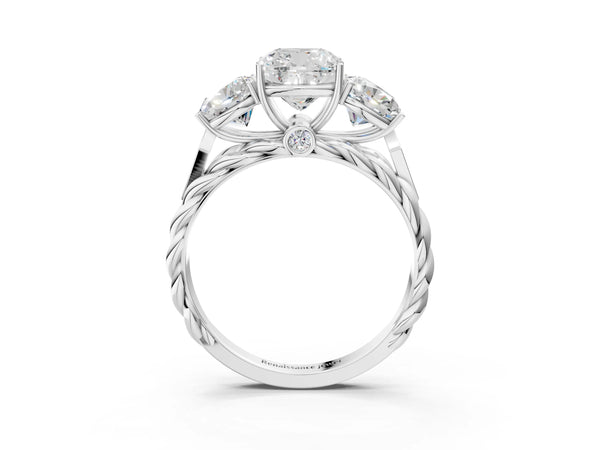 White Gold Cushion Cut Three Stone Engagement Ring Setting with Braided Band