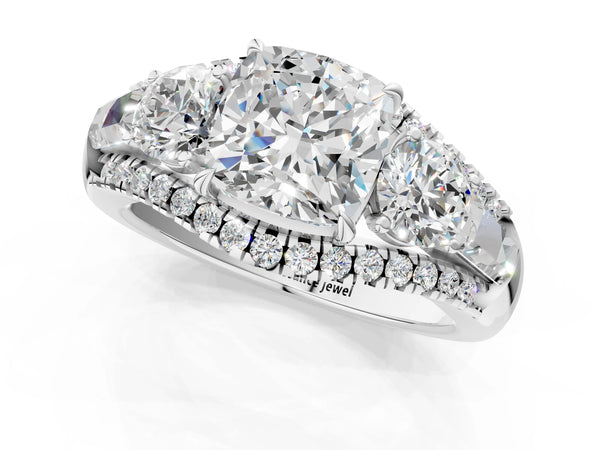 White gold Three-Stone Cushion Cut Diamond Engagement Ring with Pave Band and Prong Setting
