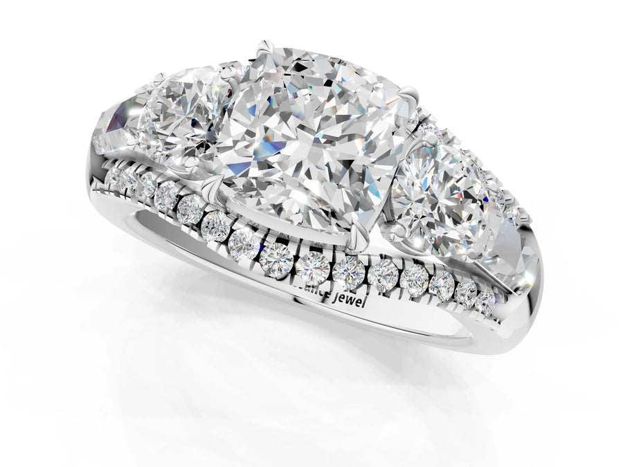 White gold Three-Stone Cushion Cut Diamond Engagement Ring with Pave Band and Prong Setting