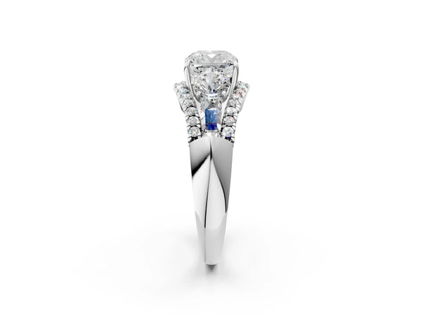 White gold Three-Stone Cushion Cut Diamond Engagement Ring with Pave Band and Prong Setting