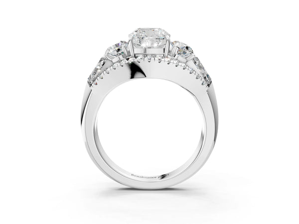 White gold Three-Stone Cushion Cut Diamond Engagement Ring with Pave Band and Prong Setting
