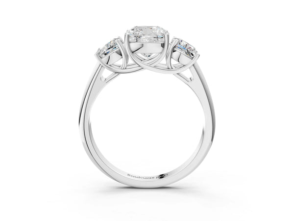 White Gold Cushion Cut Three Stone Engagement Ring Setting with Smaller Matching Sides