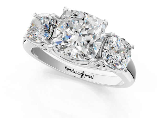 White Gold Cushion Cut Three Stone Engagement Ring Setting with Smaller Matching Sides