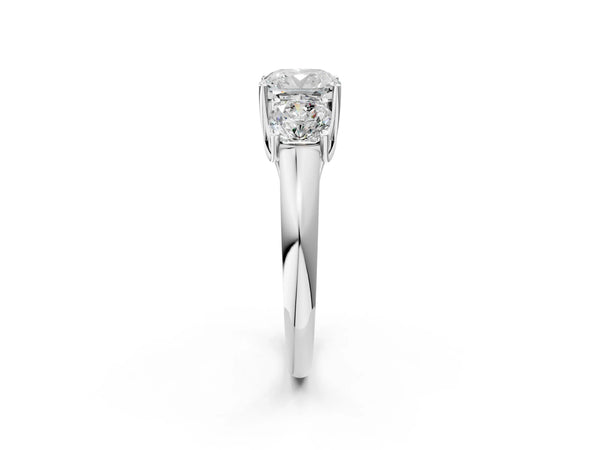 White Gold Cushion Cut Three Stone Engagement Ring Setting with Smaller Matching Sides