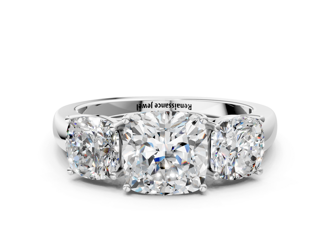 White gold Three-Stone Cushion Cut Diamond Ring with Channel-Set Band and Four-Prong Setting_100