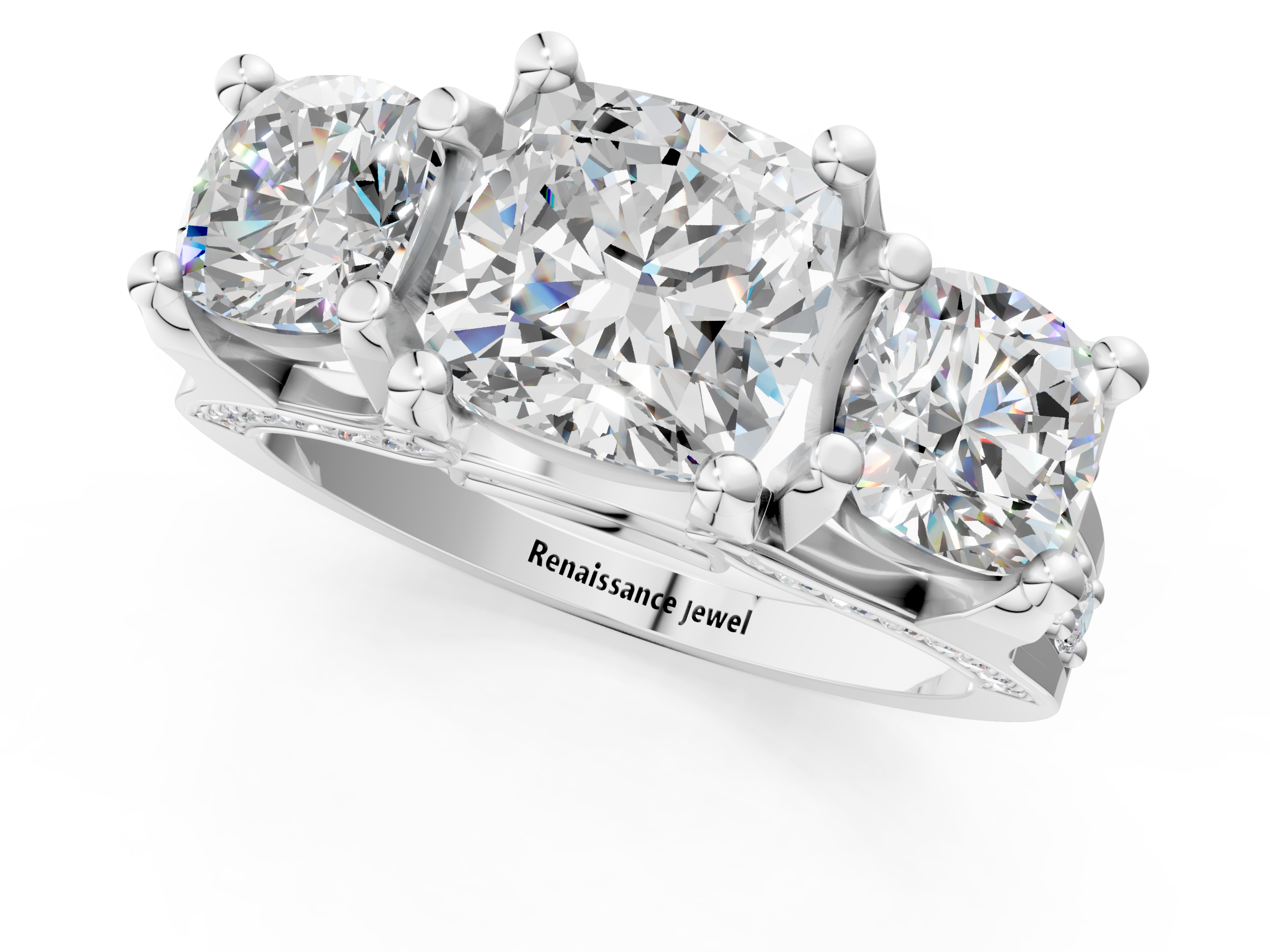 White gold Three-Stone Cushion Cut Diamond Ring with Channel-Set Band and Four-Prong Setting_54