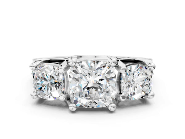 White Gold Cushion Cut Three Stone Pave Engagement Ring Setting with Near-Equal Side Stones