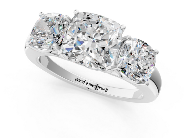 Platinum 2.55 Carat D VVS1 Cushion Diamond Three-Stone Ring with Four-Prong Setting and Classic Band
