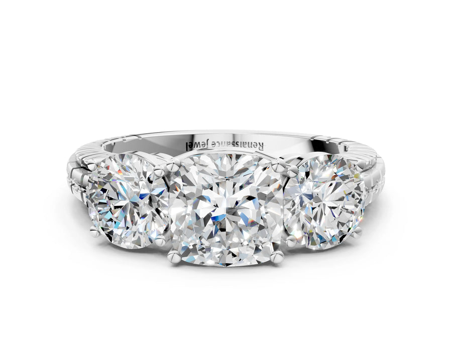 White gold Three-Stone Cushion Cut Diamond Ring with Channel-Set Band and Prong Setting